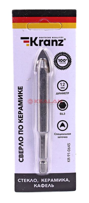 KRANZ KR-91-0645 cверло по стеклу и керамике 2 грани, шестигранный. хвостовик, 12 мм.