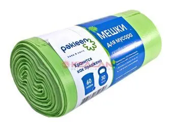 PAKLEEN пакет для мусора зеленый ПНД, 60*80 см, 60 л, 15 мкм, 30 шт.