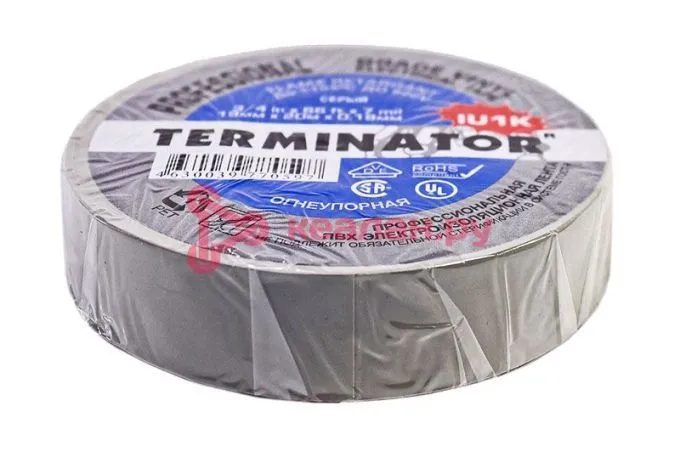 Terminator IU1K grey изолента серая ПВХ, огнеупорная, всепогодная, 0,18 мм, 19 мм, 20 м.