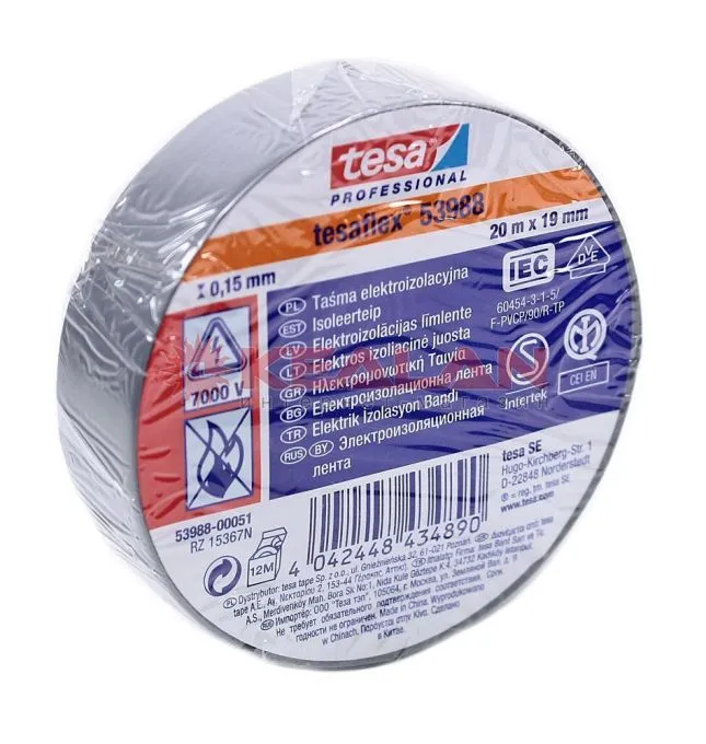 tesa 53988 Professional изоляционная лента, серая, ПВХ, 0,15 мм, 19 мм, 20 м.