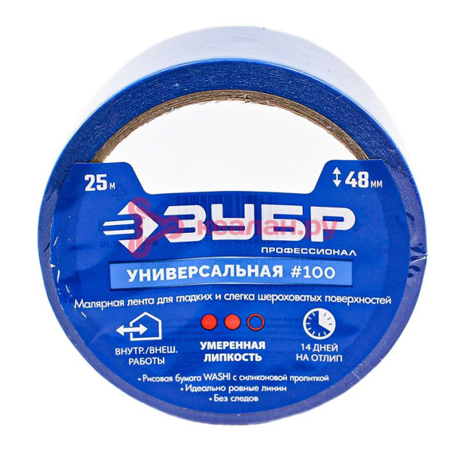 ЗУБР Профессионал №100 малярная лента, для гладких и слегка шероховатых поверхностей, 48 мм х 25 м.