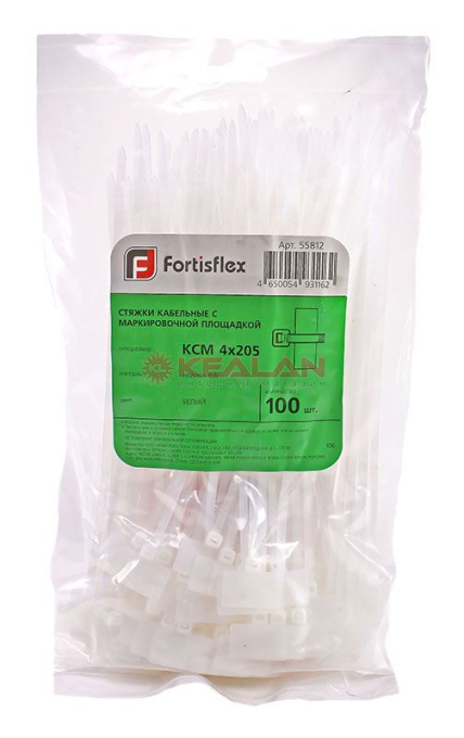 Fortisflex 205x3.5 стяжка нейлоновая крепежная с марировочной площадкой белая, 100 шт.