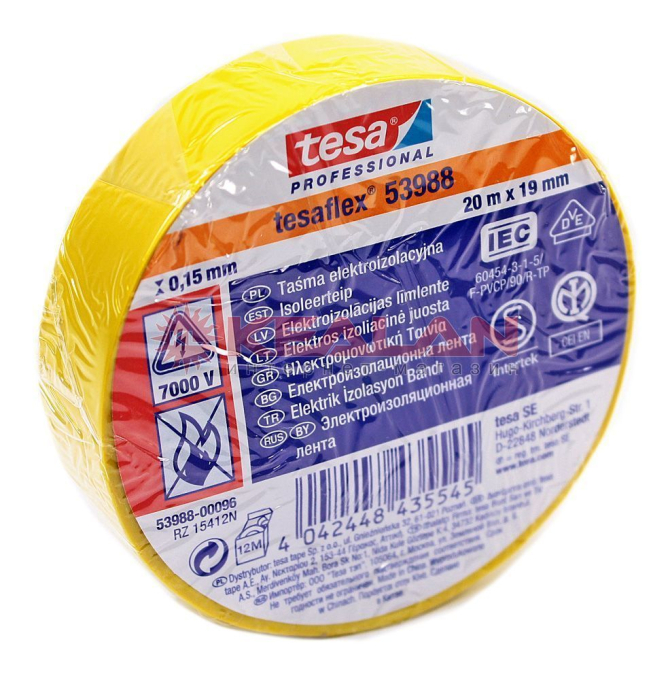 tesa 53988 Professional изоляционная лента, желтая, ПВХ, 0,15 мм, 19 мм, 20 м.