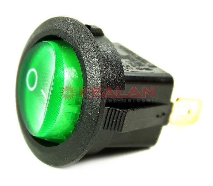 REXANT 36-2588 выключатель клавишный круглый 12V 20А (3с) ON-OFF зеленый с подсветкой