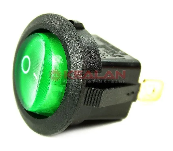 REXANT 36-2588 выключатель клавишный круглый 12V 20А (3с) ON-OFF зеленый с подсветкой
