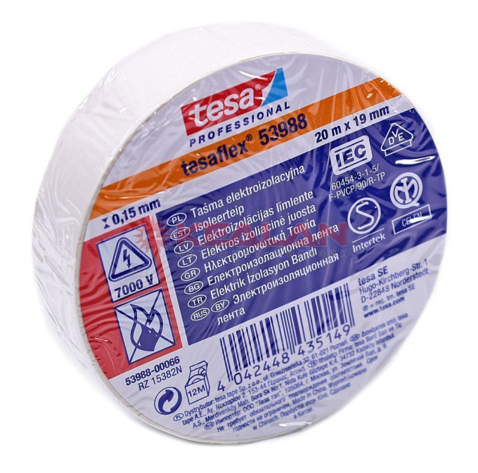 tesa 53988 Professional изоляционная лента, белая, ПВХ, 0,15 мм, 19 мм, 20 м.