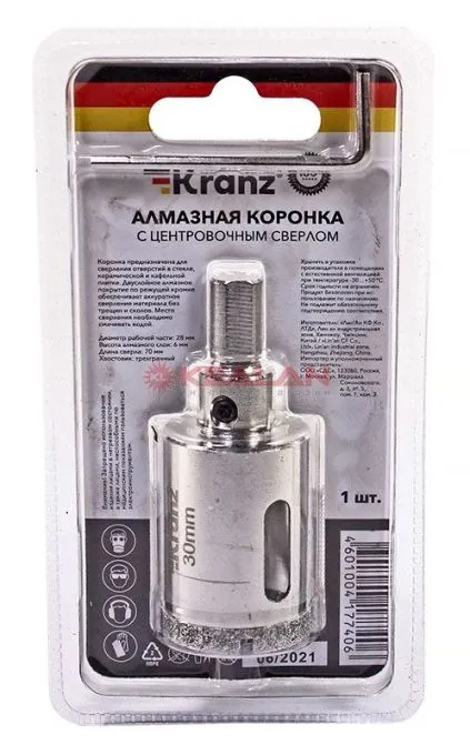 KRANZ коронка алмазная 30 мм, по керамограниту с центровочным сверлом 