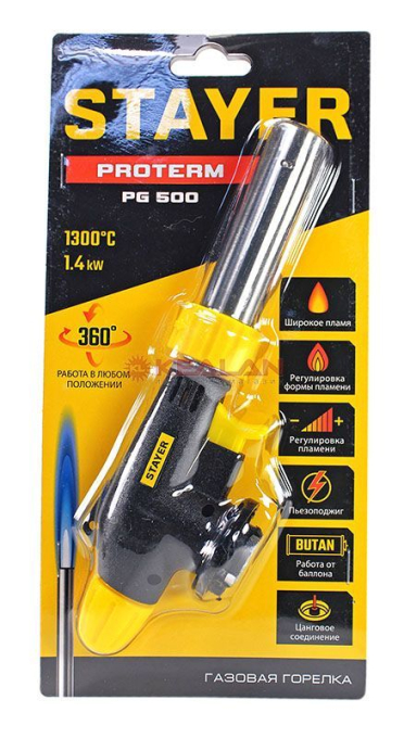 STAYER ProTerm PG 500, 1300°C, увеличенный выход пламени, газовая горелка с пьезоподжигом на баллон 