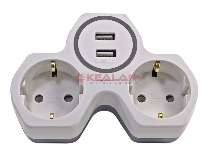 REXANT 11-1089 двойник белый электрический 16А с/з и защитными шторками + 2 USB порта, 2,4А.