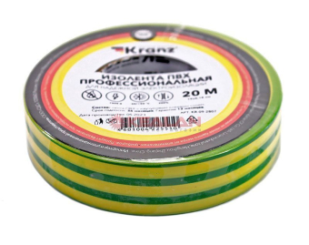 KRANZ изолента желто-зеленая, 0.18 мм, 19 мм, 20 м.