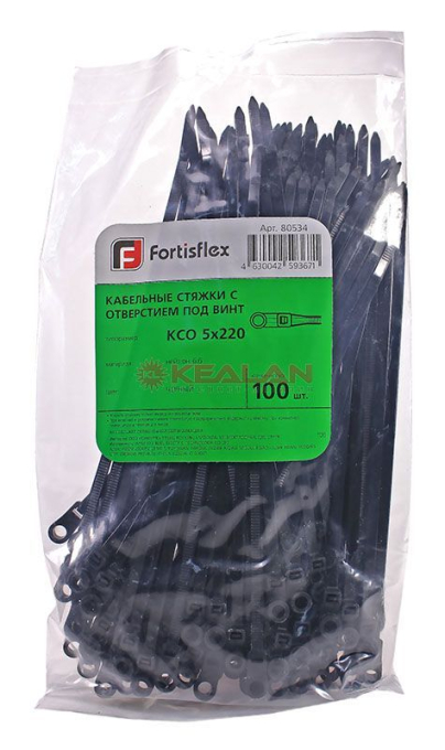 Fortisflex 220x4.5 стяжка нейлоновая с отверстием под винт черная, 100 шт.