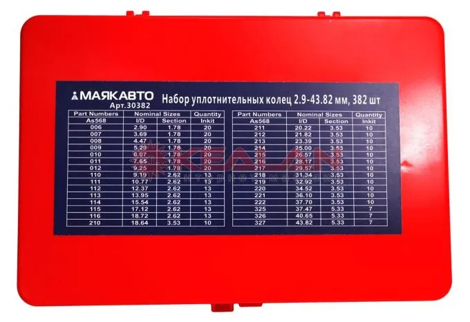 МАЯКАВТО набор уплотнительных колец, размеры 2,9-43,82 мм, в кейсе 382 шт.
