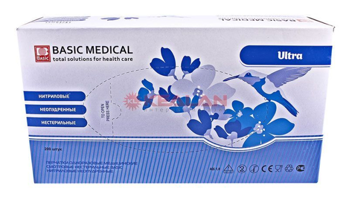 Basic Medical Ultra нитриловые перчатки, размер L, голубые, 200 шт.